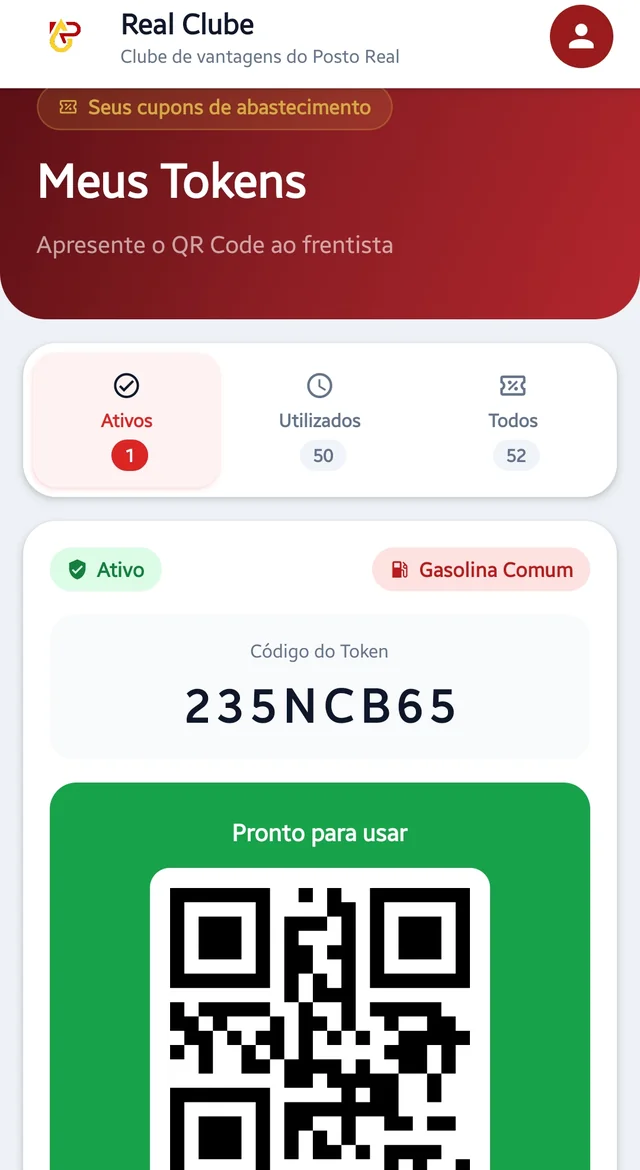 Tela de tokens do app Posto Real Clube com QR code pronto para usar